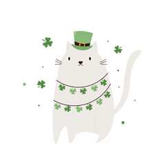 Funny holiday design with a cat in a top hat and garland with clover, trefoil for St. Patricks Day