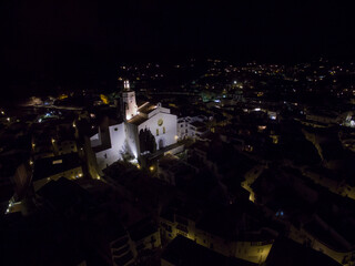 Aerial night view of the church of Cadaques, on the Costa Brava