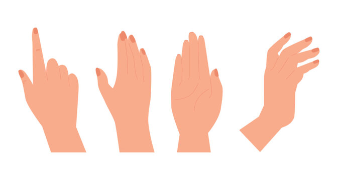 Hands set design in cartoon style. Hand shows different gestures signs. Collection isolated on white background. Vector