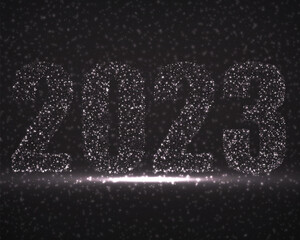 Happy New Year 2023 text design with glowing particles
