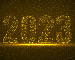 Happy New Year 2023 text design with glowing particles