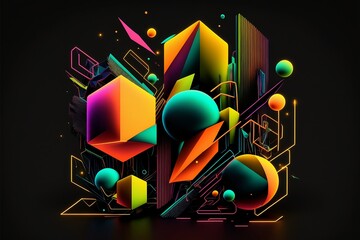 Geometric abstract. Neon colors. Abstract polygonal backgrounds with striped triangles and 3D cubes vector designs set. Abstract geometry shapes. Generative AI