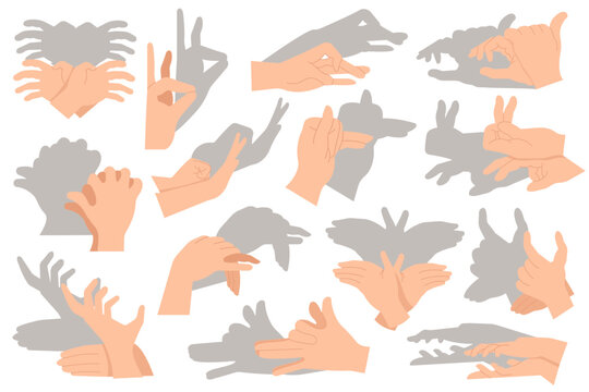 Shadow hand animals flat icons set. Create funny wild animals with light by fingers. Lion, deer, spider and bat