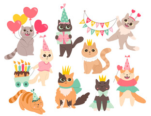 Obraz na płótnie Canvas Birthday cats and princess cats flat icons set. Party with decor elements. Cake, colorful flags, crown and headband