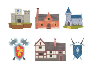 Medieval Historical Residential House, Stone Castle and Coat of Arms Vector Set