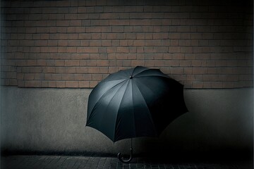  a person holding an umbrella in front of a brick wall on a sidewalk in the dark of night, with a brick wall behind them.  generative ai