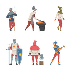 Medieval People Characters with Knight, Blacksmith, Headsman with Axe and Bard Vector Set