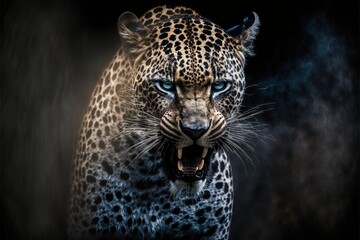 Sngry wild leopard Bare teeth on black isolated 
background illustration generatiev ai