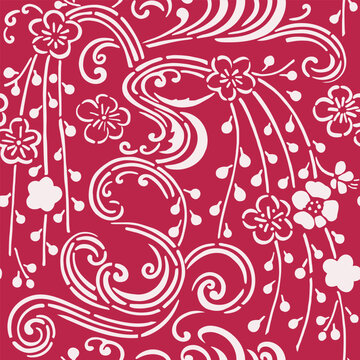 Japanese cherry blossom seamless pattern. Kimono design. Traditional vintage fabric katagami print.  Vector illustration. Viva magenta color 2023