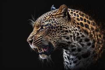 Sngry wild leopard Bare teeth on black isolated 
background illustration generatiev ai