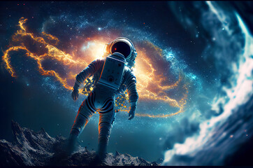 Obraz na płótnie Canvas Astronaut floating in the space with galaxy and planet in background. Generative ai illustration 
