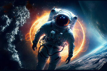 Astronaut floating in the space with galaxy and planet in background. Generative ai illustration 