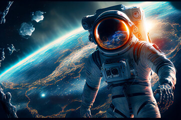 Astronaut floating in the space with galaxy and planet in background. Generative ai illustration 