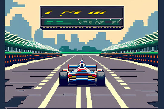 A car race on an racetrack, Retro computer games level. Pixel art video game scene 8 bit.