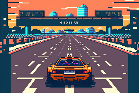 A car race on an racetrack, Retro computer games level. Pixel art video game scene 8 bit.