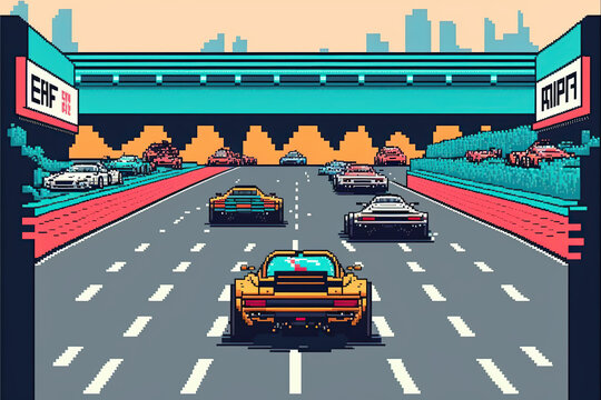 A car race on an racetrack, Retro computer games level. Pixel art video game scene 8 bit.