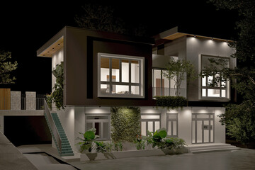 3d render luxury villa house exterior view at sunset