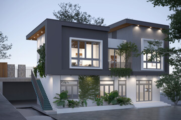 Fototapeta premium 3d render luxury villa house exterior view at sunset