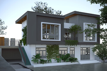3d render luxury villa house exterior view at sunset