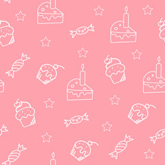 Holiday seamless pattern with different cupcakes, candys, 
piece of cake and stars.   Birthday, holiday print on pink background. Great for birthday parties, textiles, banners, wallpapers, wrapping.