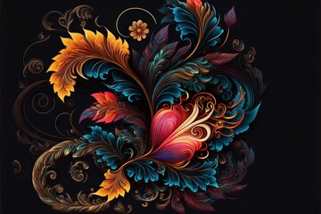  a colorful flower with swirls and leaves on a black background with a black background and a black background with a black background and a black background.  generative ai