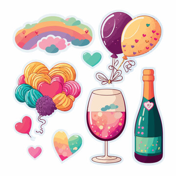 Valentine's day quotes elements set. Gift, heart, balloon, kiss, key, rose, candy, and others for decorative. Sticker cartoon style. Vector illustration