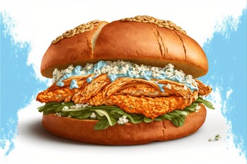  a large sandwich with a lot of toppings on it's buns and a blue background with a white border around it and a blue border.  generative ai