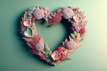 Frame of flowers, in the shape of a heart, valentines day, plain soft gentle background, copy space, generative ai