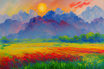 Green field full of red and yellow flowers, mountains in the background, oil painting