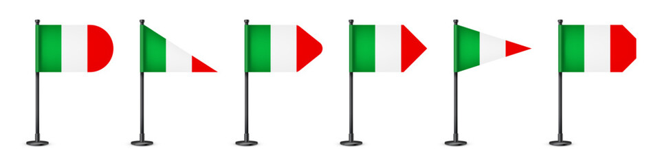 Realistic various Italian table flags on a black steel pole. Souvenir from Italy. Desk flag made of paper or fabric, shiny metal stand. Mockup for promotion and advertising. Vector illustration