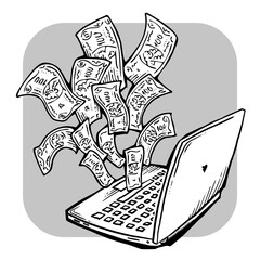 Money cash flying into and out of wallet. Income transfer, currency revenue, inflation and deflation, finance and business theme. Hand drawing illustration. Cartoon style line drawing.