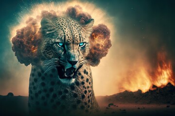 Angry wild Leopard in city with Explosion on the background illustration generative ai