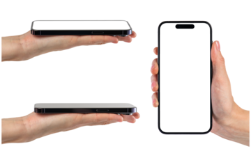 Phone in hand, png set. Modern, new phone in hand isolated on a transparent background from different angles. Mockup set, smartphones in hands from different sides to be inserted into the project.