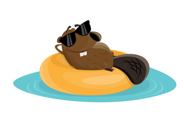 funny cartoon beaver on a floating tire
