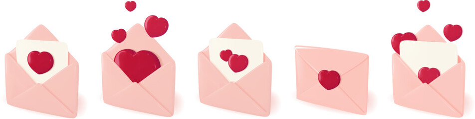 Love letter mail as Valentine or Mother day gift or greeting. 3d red heart card in open paper envelope. Happy birthday present or wedding invitation email icon. Animation template on white background
