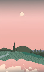 Vector image, evening Provencal landscape with a field and trees