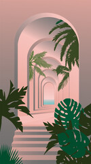Vector image, arched gallery in a tropical city