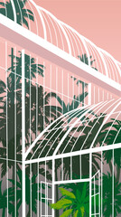Vector image, greenhouse with tropical plants
