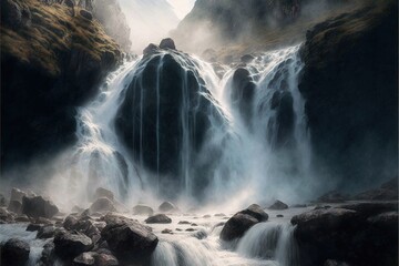  a painting of a waterfall with a mountain in the background and fog in the air above it, and a stream running between the rocks.  generative ai