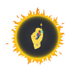 Vector image, a hand with a burning match on the background of the sun