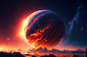 Abstract planets in flames with deep space background generative ai illustration