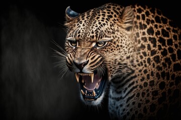 Fototapeta premium Bare teeth angry wild leopard roar black background isolated illustration generatiev ai