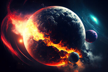 Abstract planets in flames with deep space background generative ai illustration