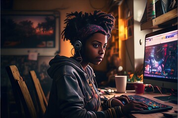 young 25-year-old gen Z black female gamer playing video games using an esports controller and video gaming rig indoors. 