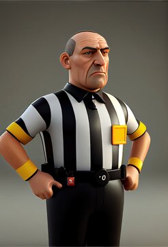 3d Animated Referee. Modern CGI 3D Animation Style Caucasian Man Wearing Black And White Striped Shirt