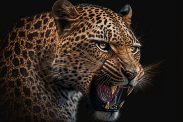 Bare teeth angry wild leopard roar black background isolated illustration generatiev ai