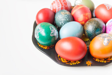 Colorful eggs. Traditional homemade decor and food for Easter holidays.