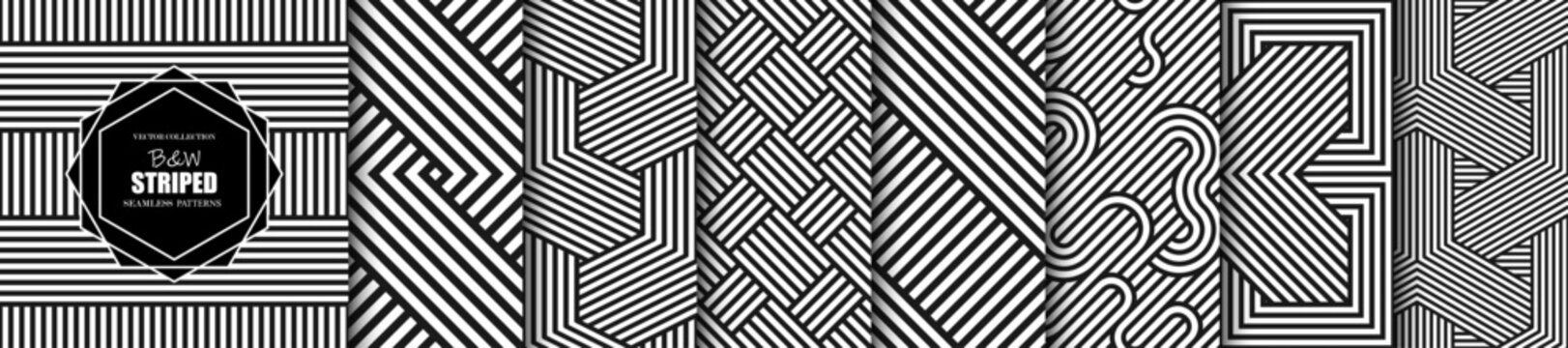 Collection of vector seamless geometric patterns. Striped black and white abstract backgrounds. Monochrome linear textures. Endless unusual prints.