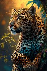 Naklejka na ściany i meble beautiful leopard in the tree - generative AI
