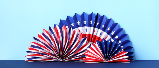 American flag colors folding paper fans on blue background. Happy President's Day or 4h of July banner template.